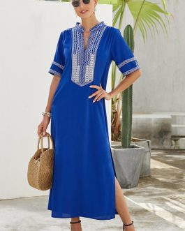 Robe maxi fendue à imprimé floral bohème bleue