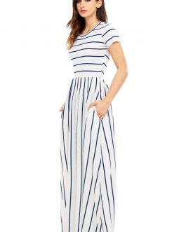 Robe maxi blanche à rayures et manches courtes