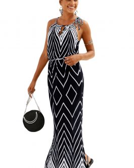 Robe longue noire à motif géométrique